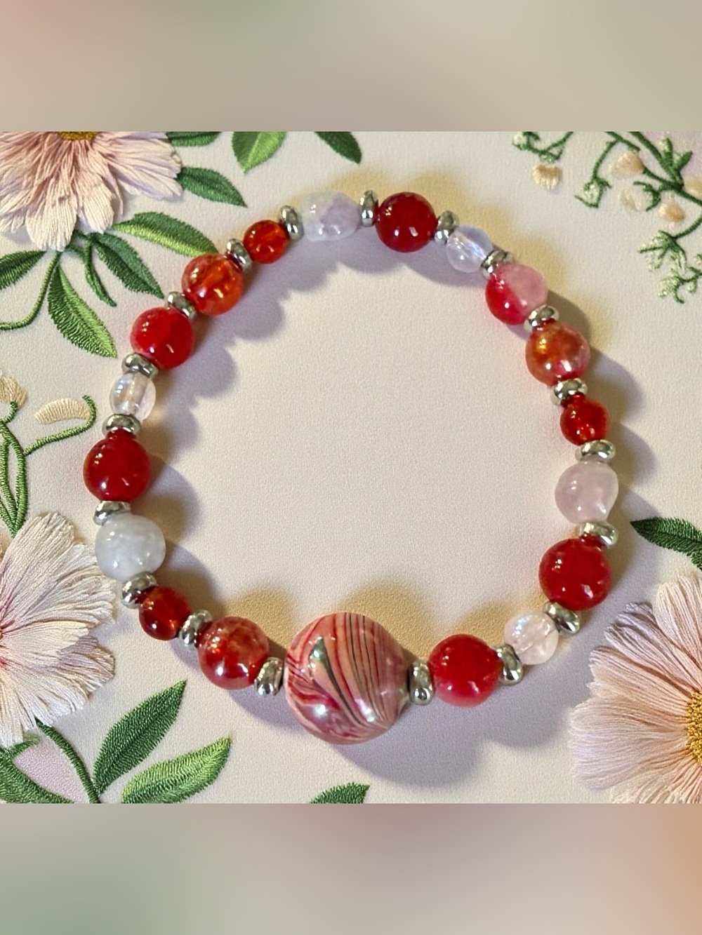 Red & Pink Beaded Stretch Bracelet with Silver Accents